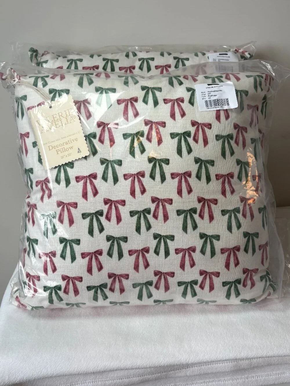 NWT - Indigo Green and Red Bow Pillows - Set of 2 - 20 X 20 inches